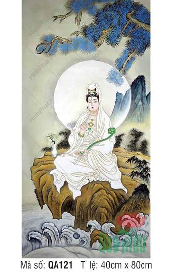 Tranh Phật Quan Âm Đẹp QA121, ngồi ghềnh đá dưới tán thông