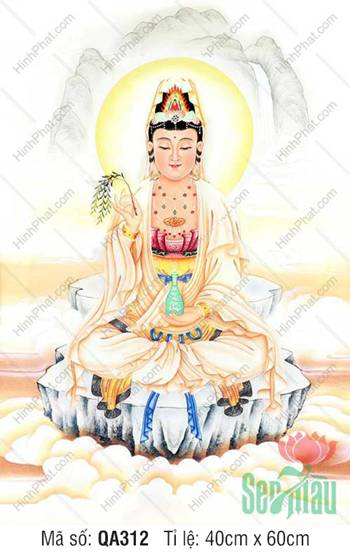 Tranh Phật Quan Âm Đẹp QA312, Quan Âm an tọa mỏm đá mây vàng