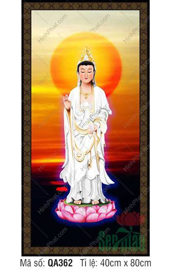 Tranh Phật Quan Âm Đẹp QA362, tôn tượng y trắng hào quang rực rỡ