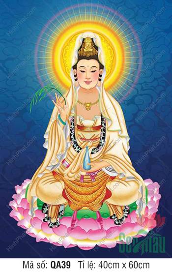 Tranh Phật Quan Âm Đẹp QA39, ngự sen hồng trên nền xanh