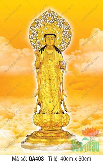 Tranh Phật Quan Âm Đẹp QA403, tôn tượng vàng kim ngự đài sen
