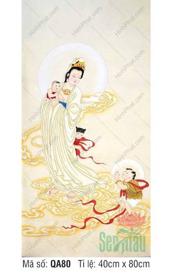 Tranh Phật Quan Âm Đẹp QA80, Quan Âm áo trắng trên mây vàng