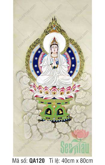 Tranh Phật Quan Âm QA120, áo trắng kiết già chắp tay