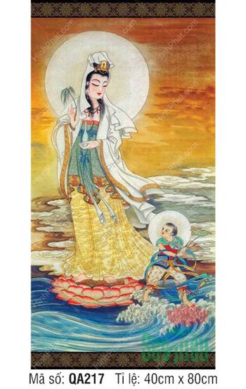 Tranh Phật Quan Âm QA217, dáng đứng đài sen bên đồng tử