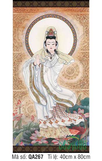 Tranh Phật Quan Âm QA267, dáng chắp tay đứng nền sen