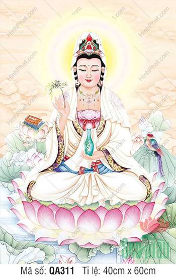 Tranh Phật Quan Âm QA311, an tọa tòa sen hồng nâng bình ngọc