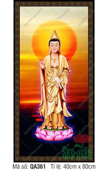 Tranh Phật Quan Âm QA361, tôn tượng đứng đài sen hào quang đỏ