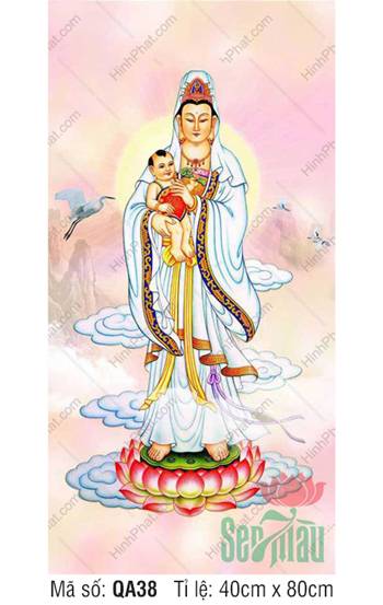 Tranh Phật Quan Âm QA38, bồng hài nhi đứng đài sen hồng