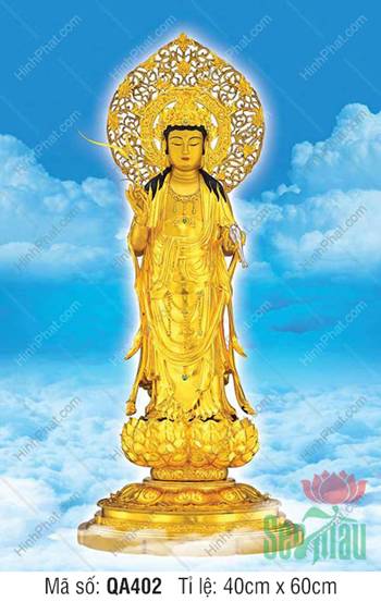 Tranh Phật Quan Âm QA402, tôn tượng dát vàng ngự đài sen