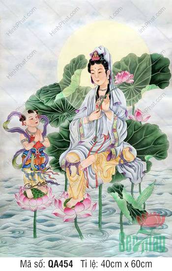 Tranh Phật Quán Thế Âm Bồ Tát QA454, tôn tượng ngự đài sen thanh tịnh