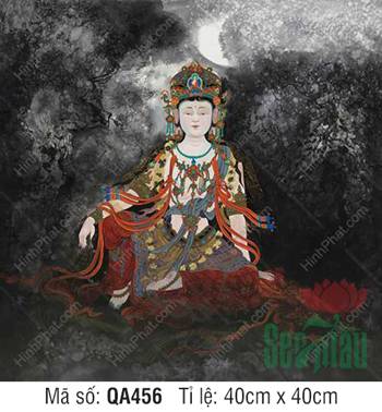 Tranh Quan Âm Bồ Tát Đẹp QA456, tôn tượng tọa thiền dưới trăng