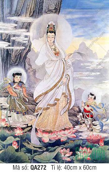 Tranh Quan Âm Bồ Tát Khổ Lớn Đẹp Nhất QA272, Quan Âm cùng hai thị giả