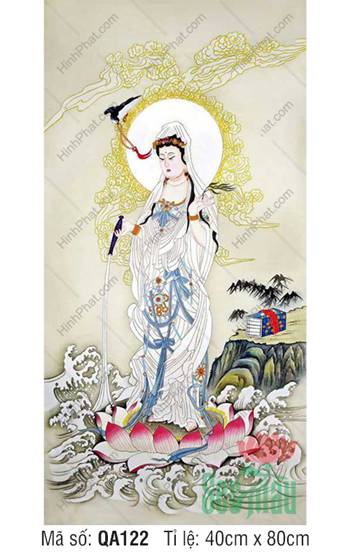 Tranh Quan Âm Bồ Tát QA122, Quan Âm áo trắng ngự sen hồng