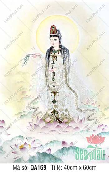 Tranh Quan Âm Bồ Tát QA169, áo trắng đứng đài sen