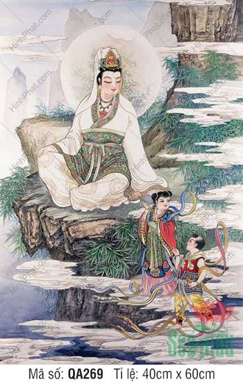 Tranh Quan Âm Bồ Tát QA269, an tọa đài đá bên rừng trúc