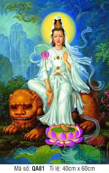 Tranh Quan Âm Bồ Tát QA81, Bồ Tát áo trắng ngự sư tử vàng