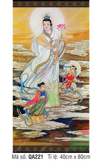 Tranh Quan Âm Bồ Tát Size Lớn QA221, hình Quan Âm cùng hai đồng tử