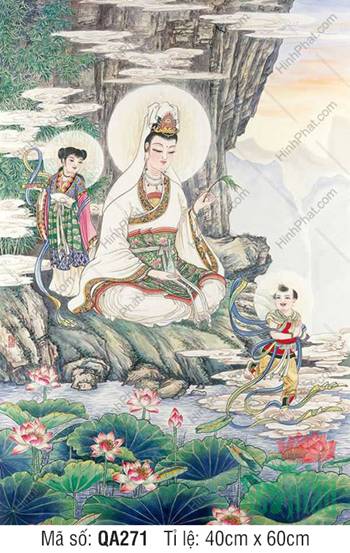 Tranh Quan Âm Bồ Tát Size Lớn QA271, an tọa ghềnh đá hồ sen