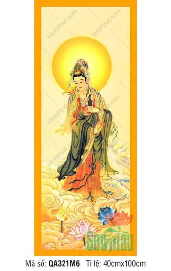 Tranh Quan Thế Âm Bồ Tát đẹp QA321M6, Quan Âm giữa mây vàng
