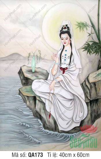 Tranh Quan Thế Âm Bồ Tát QA173, hình Quan Âm ngồi bên ghềnh đá