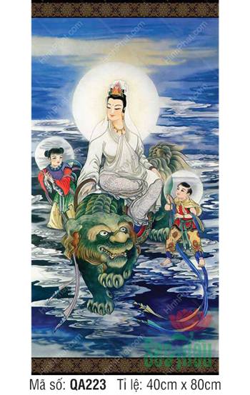 Tranh Quan Thế Âm Bồ Tát QA223, Quán Thế Âm ngự linh thú xanh