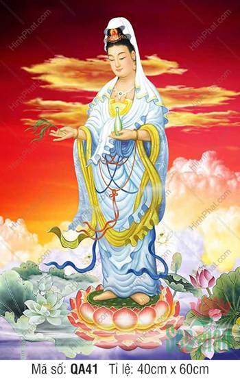 Tranh Quan Thế Âm Bồ Tát QA41, dáng đứng đài sen nền trời đỏ