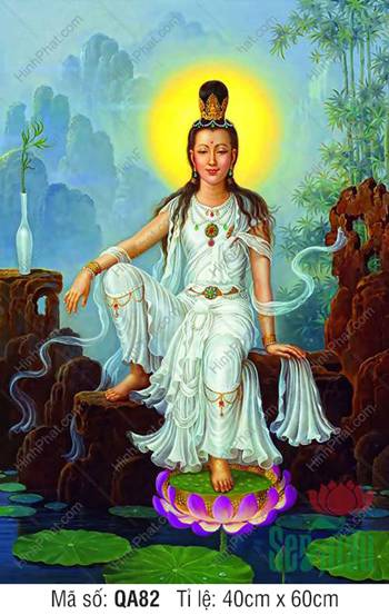 Tranh Quan Thế Âm Bồ Tát QA82, dáng ngự tự tại bên hồ sen