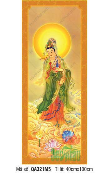Tranh Quan Thế Âm Bồ Tát, Tranh Phật Đẹp QA321M5 khoác áo xanh
