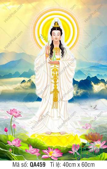 Tranh Thờ Quan Thế Âm Bồ Tát QA459, tôn tượng đứng đài sen vàng