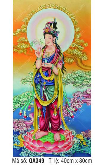 Tranh Phật Quan Âm Đẹp QA349, Bồ Tát đứng trên đài sen