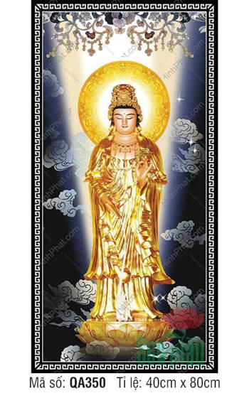 Tranh Quan Thế Âm QA350, tôn tượng y vàng rực rỡ đứng đài sen