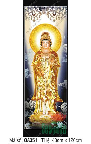 Tranh Quan Thế Âm Bồ Tát QA351, tôn ảnh y vàng hào quang rực rỡ