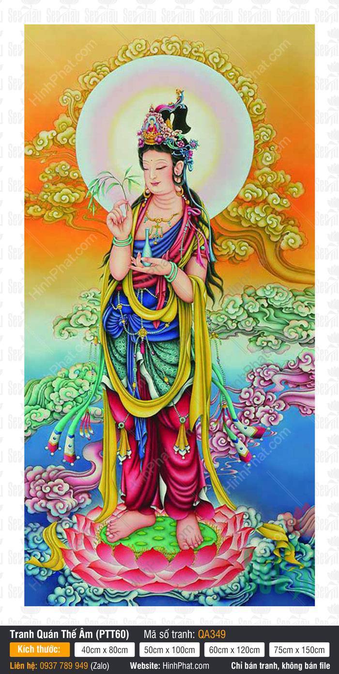 Tranh Phật Quan Âm Đẹp QA349 Tranh Phật Quan Âm Đẹp QA349 tôn tượng đứng đài sen hồng tay cầm nhành liễu tịnh bình