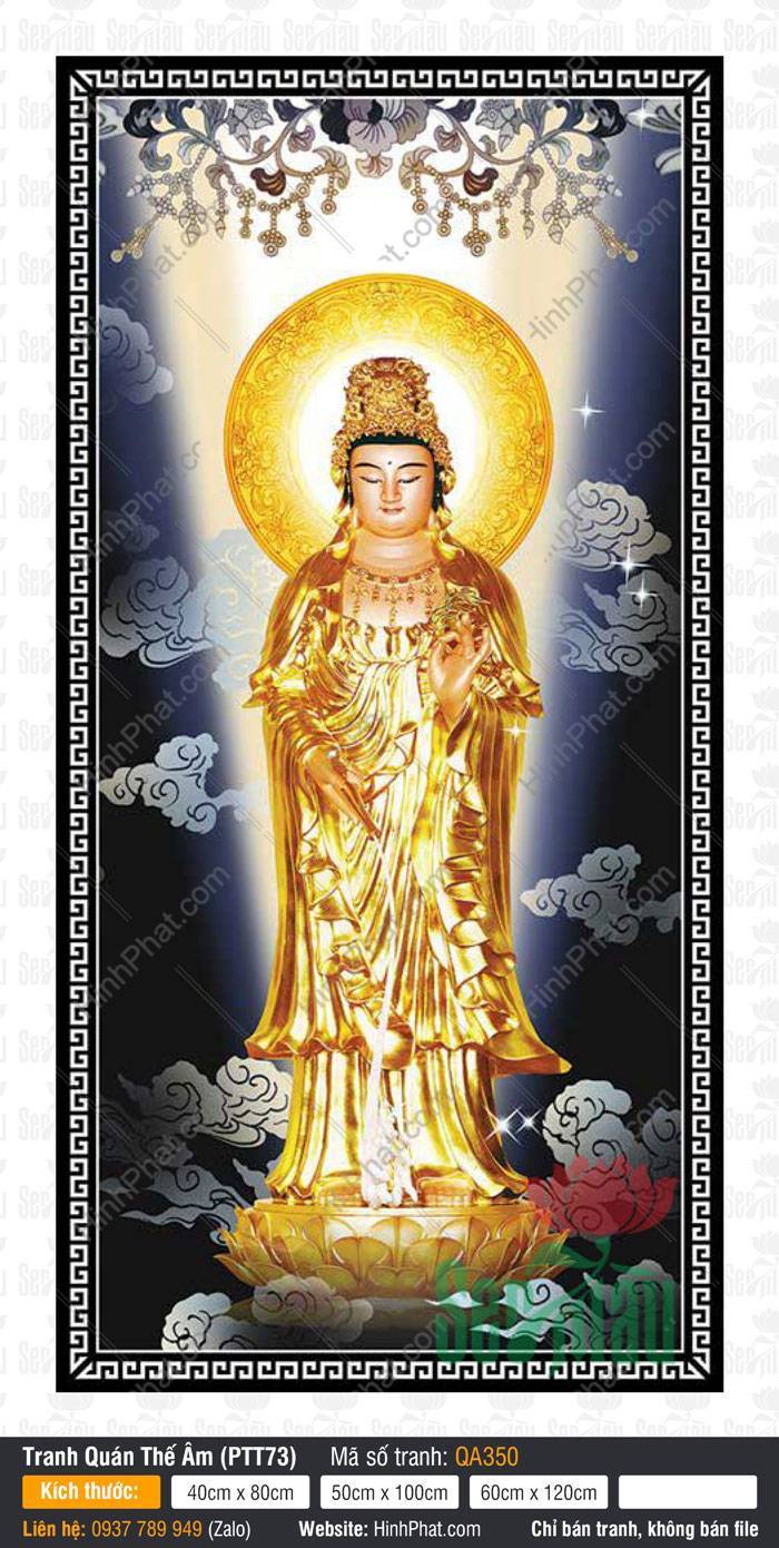 Tranh Quan Thế Âm QA350 Tranh Quan Thế Âm QA350 y phục vàng kim đứng trên đài sen báu giữa làn mây trắng