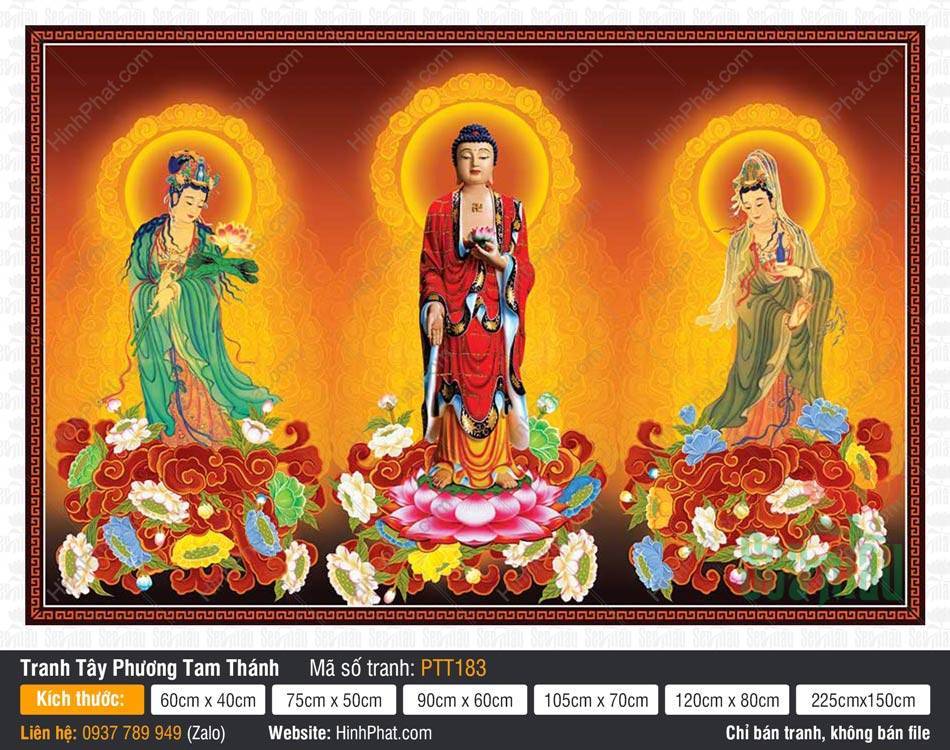 Ảnh Tây Phương Tam Thánh Khổ Lớn PTT183 Ảnh Tây Phương Tam Thánh Khổ Lớn PTT183 Đức Phật A Di Đà đứng giữa đài sen hồng