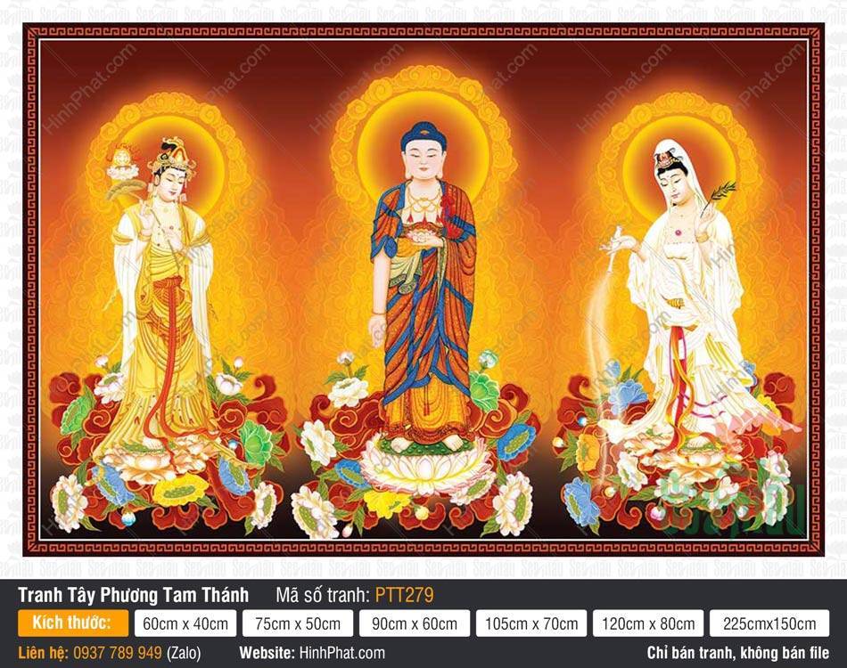 Ảnh Tây Phương Tam Thánh Khổ Lớn PTT279 Ảnh Tây Phương Tam Thánh Khổ Lớn PTT279 ba vị đứng đài sen y phục xanh đỏ trắng rực rỡ