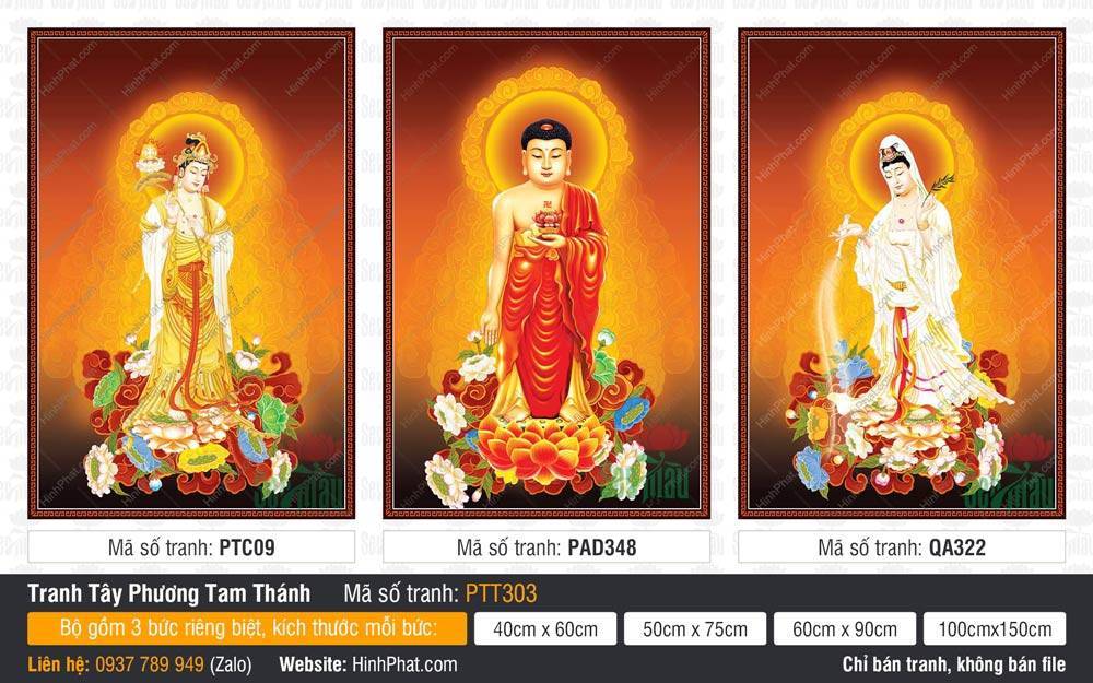 Ảnh Tây Phương Tam Thánh Khổ Lớn PTT303 Ảnh Tây Phương Tam Thánh Khổ Lớn PTT303 khắc họa ba vị Phật đứng uy nghi giữa vầng hào quang vàng