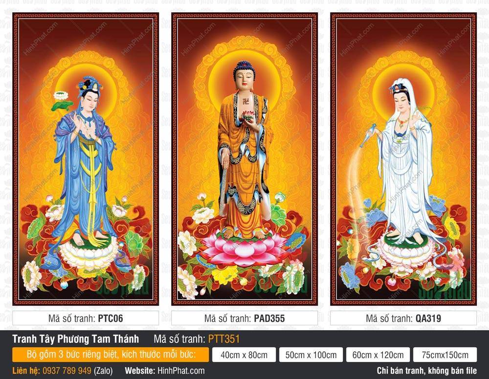 Ảnh Tây Phương Tam Thánh Khổ Lớn PTT351 Ảnh Tây Phương Tam Thánh Khổ Lớn PTT351 họa ba vị Phật và Bồ Tát đứng trên đài sen