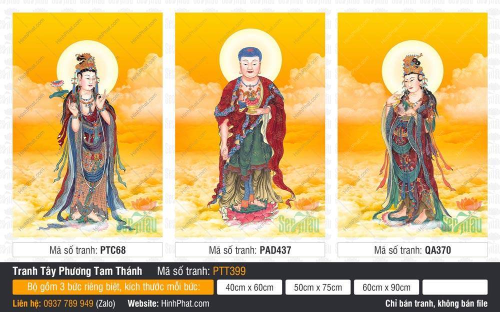 Ảnh Tây Phương Tam Thánh Khổ Lớn PTT399 Ảnh Tây Phương Tam Thánh Khổ Lớn PTT399 ba vị Phật đứng trên đài sen giữa tầng mây cam