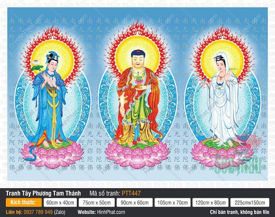 Ảnh Tây Phương Tam Thánh Khổ Lớn PTT447 Ảnh Tây Phương Tam Thánh Khổ Lớn PTT447 ba đức Phật đứng trên hoa sen giữa nền chữ Phạn
