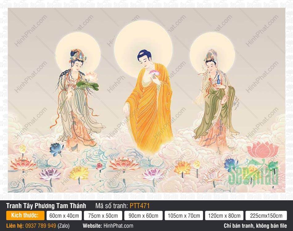 Ảnh Tây Phương Tam Thánh Khổ Lớn PTT471 Ảnh Tây Phương Tam Thánh Khổ Lớn PTT471 họa cảnh chư Phật đứng trên mây trắng và hoa sen