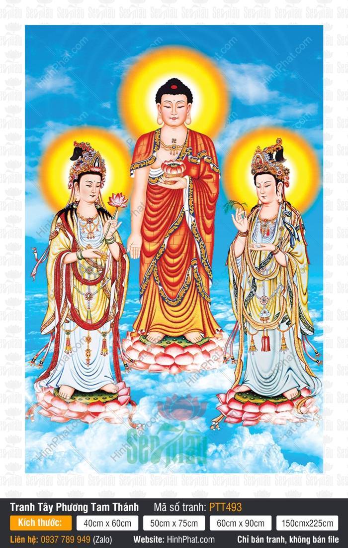 Ảnh Tây Phương Tam Thánh Khổ Lớn PTT493 Ảnh Tây Phương Tam Thánh Khổ Lớn PTT493 Ba Ngài ngự đài sen giữa nền mây trắng