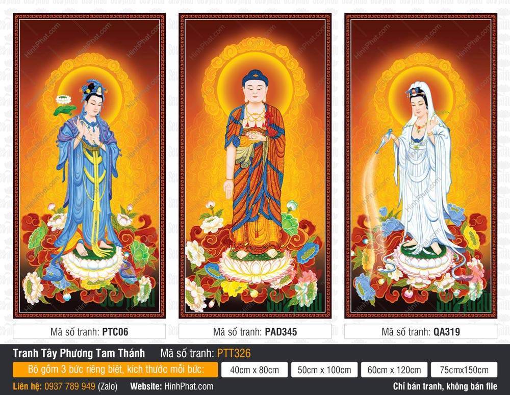 Ảnh Tây Phương Tam Thánh PTT326 Ảnh Tây Phương Tam Thánh PTT326 tôn tượng ba vị đứng trên đài sen trắng y xanh trắng