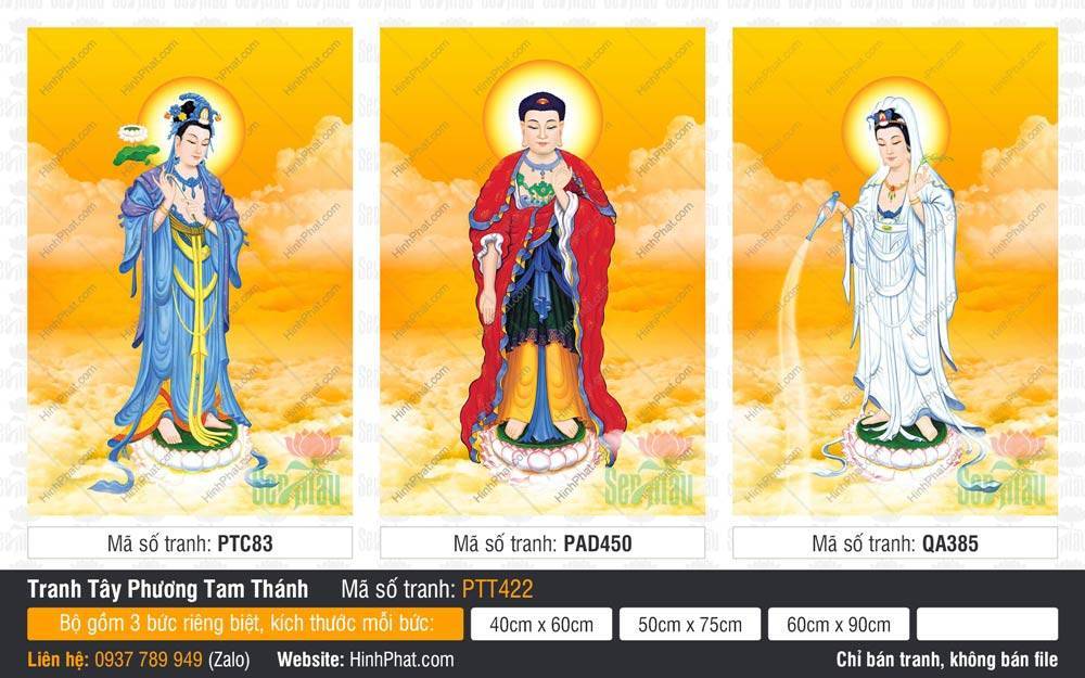 Ảnh Tây Phương Tam Thánh PTT422 Ảnh Tây Phương Tam Thánh PTT422 họa tiết y phục xanh đỏ trắng đứng trên đài sen vàng