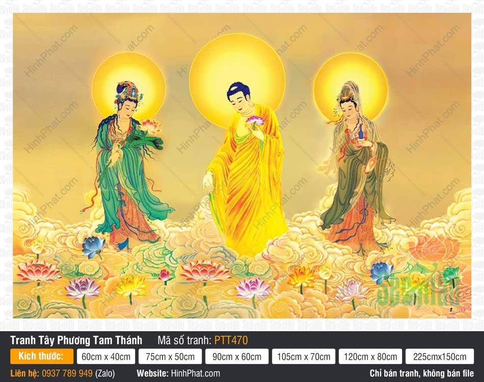 Ảnh Tây Phương Tam Thánh PTT470 Ảnh Tây Phương Tam Thánh PTT470 ba Ngài đứng trên mây vàng và hoa sen rực rỡ