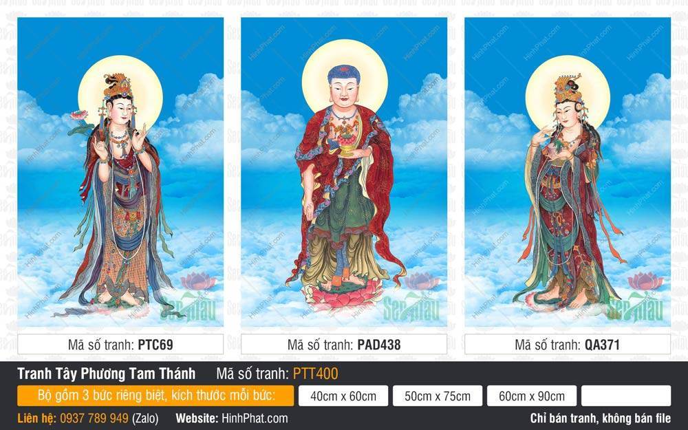 Bộ Hình Ảnh Đẹp Về Tây Phương Tam Thánh PTT400 Bộ Hình Ảnh Đẹp Về Tây Phương Tam Thánh PTT400 mô tả Ba Đức Phật đứng trên đài sen giữa trời mây