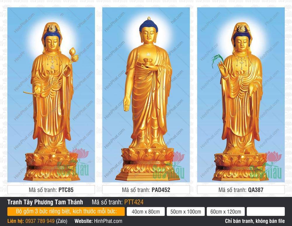 Bộ Hình Ảnh Đẹp Về Tây Phương Tam Thánh PTT424 Bộ Hình Ảnh Đẹp Về Tây Phương Tam Thánh PTT424 với tôn tượng màu vàng kim đứng trên tòa sen