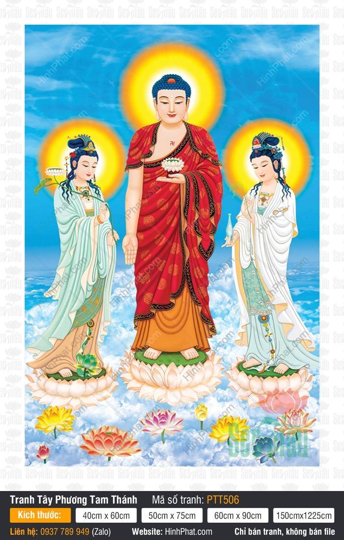 Bộ Hình Ảnh Đẹp Về Tây Phương Tam Thánh PTT506 Bộ Hình Ảnh Đẹp Về Tây Phương Tam Thánh PTT506 ba Đức Ngài đứng trên đài sen trắng giữa trời xanh