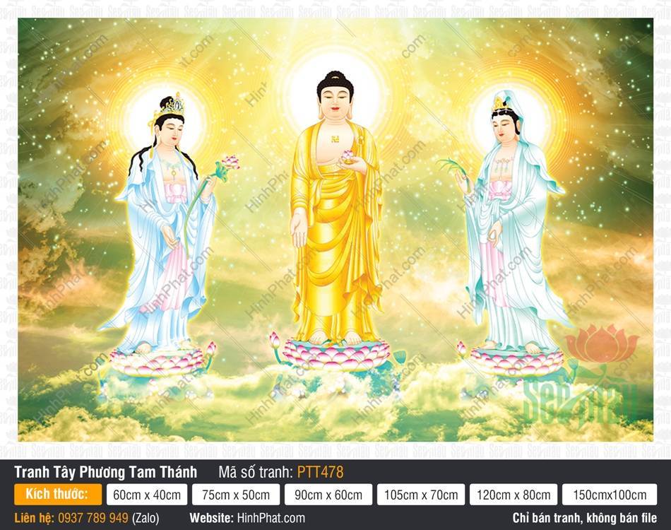 Bộ Tây Phương Tam Thánh PTT478 Bộ Tây Phương Tam Thánh PTT478 ba đức vị đứng trên tòa sen rực rỡ hào quang tỏa sáng