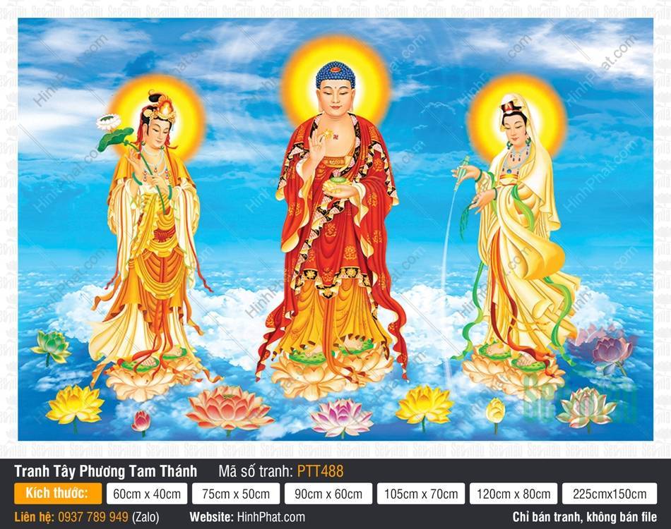 Bức Tranh Tây Phương Tam Thánh PTT488 Bức Tranh Tây Phương Tam Thánh PTT488 Ba Đức Ngài đứng trên đài sen giữa mây trời xanh